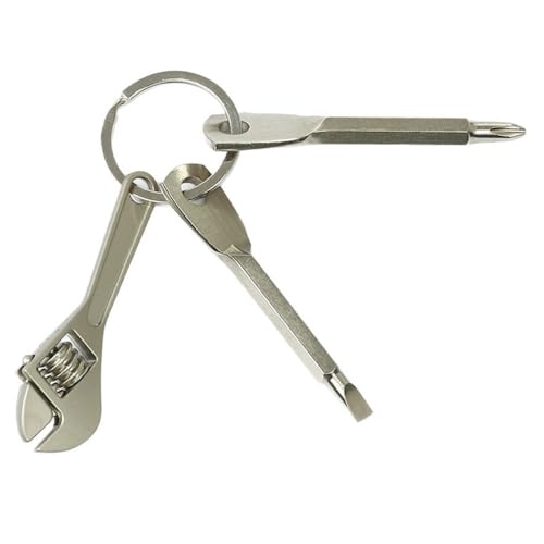 XTLANGTUTU 3-in-1 silberfarbenes Metall-Schlüsselanhänger-Werkzeug-Set mit verstellbarem Schraubenschlüssel und Schraubendrehern | Kompaktes EDC-Multitool für schnelle Reparaturen
