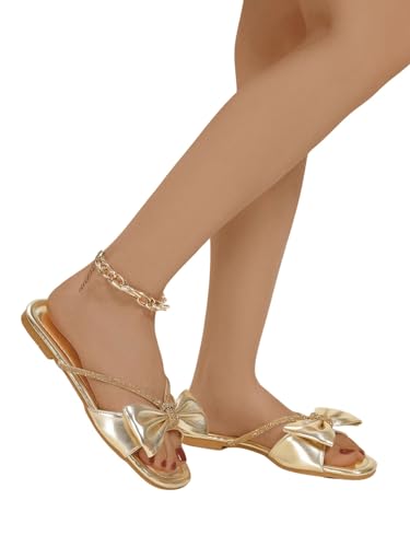 GORGLITTER Women's Bow Sandals Sparkly Metallic Flat sandals Open Toe Cute Sandals4