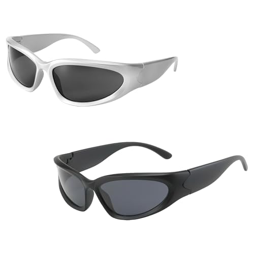FveVqe 2 Pairs Rave Glasses Rave Sunglasses Vintage Oval Futuristic Wrap Around Sunglasses Protection Fashion Retro Rave Glasses Men Unisex for Shades Sport Driving Cycling Outdoor