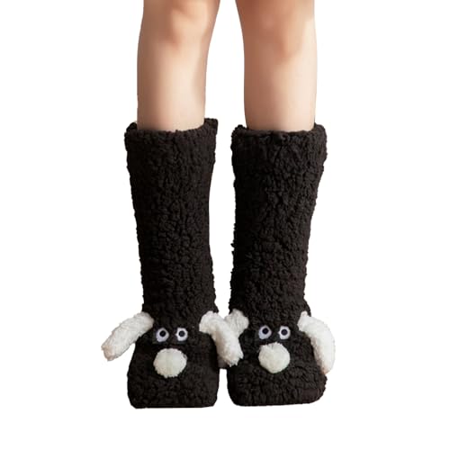 Image of Triplewood Warm Soft Lined Slipper Socks for Women Cartoon Dog Design Non-Slip Winter Socks with Grips Fluffy Women's Slipper Sock