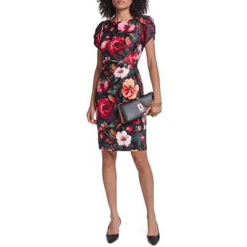 Image of KARL LAGERFELD Short Ruched Sleeve Jewel Neck Sheath Mini Dress