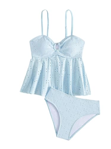 Image of SHENHE Girl's Ruffle Flounce Tankini Swimsuit O Ring Spaghetti Strap Eyelet Bathing Suits