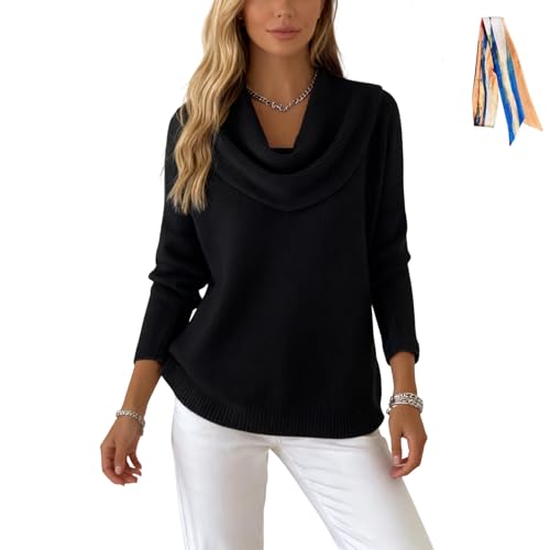 Womens Cowl Neck Sweater for Women Lightweight Solid Color Long Sleeve Knit Pullover Jumper Tops Knit Fall Winter