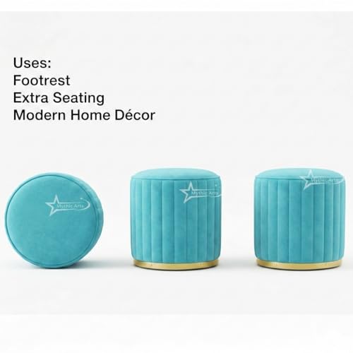Image of Upholstered Round Linen Strip Stool Living Room Foot Rest Office Stool Pouf Ottoman Padded Seat - Aqua