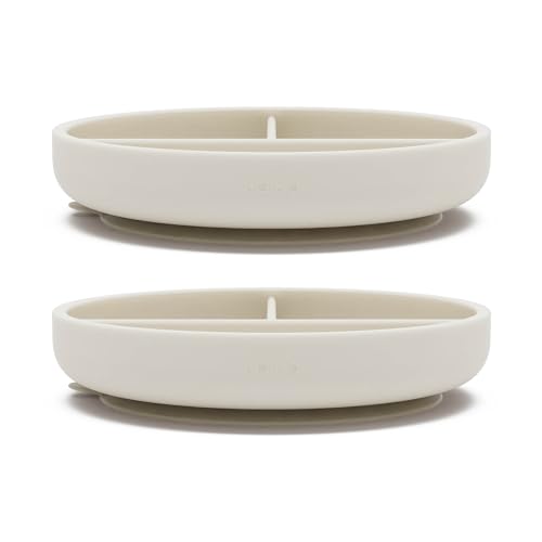 Image of Lalo Suction Plates - 2 Pack, 100% Silicone Non-Toxic BPA-Free Baby Plates with Suction Base To Prevent Accidental Tip-Overs - Suction Plates for Toddlers With Three Divided Sections - Oatmeal