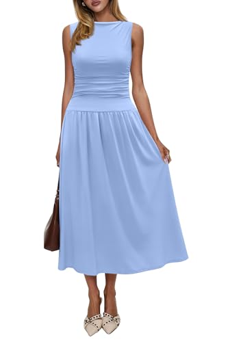 Image of Womens Summer Casual Midi Maxi Dress 2026 Sleeveless Ruched A Line Flowy Cocktail Wedding Guest Beach Long Sundress