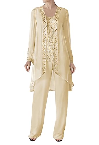 3 Pieces Mother of The Bride Dresses Pant Suits-Beaded Evening Formal Dress Chiffon Jacket Wedding Guest Groom Women's