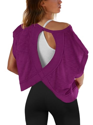 Image of SENSERISE Womens Open Back Workout Tops Backless Short Sleeve Athletic Shirt Running Crop Top Gym Yoga Tee