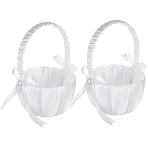 GEWNCS 2 Pack Wedding Satin Flower Basket,Romantic Bowknot Party Flower Girl Basket, White Cover