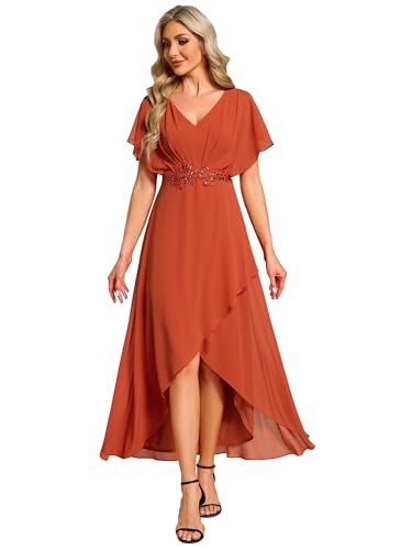 Image of Ever-Pretty Women's Formal Dress A Line V Neck Applique Waist Tea Length Wedding Guest Dress Burnt Orange US12