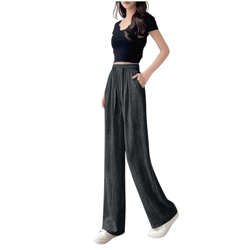 2025 Women Summer Wide Leg Pants Elastic Waist Solid Flowy Lounge Pant Loose Pleated Trendy Casual Thin Trousers(Dark Gray,Large)