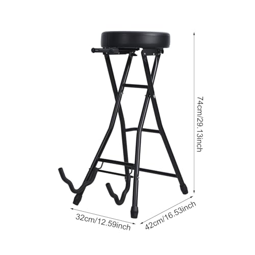 Image of Guitar Stool with Padded Seat, Foldable Guitar Chair with Guitar Stand, Retractable Hook,Fits Acoustic, Electric & Bass Guitars Black