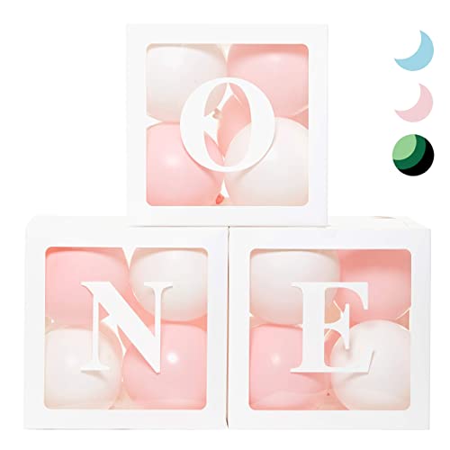 First Birthday Decorations Balloon 'ONE' Boxes for Baby Girl - 24 Balloons - Baby 1st Birthday Girl Decoration, Clear Cube Blocks 'ONE' Letters as Cake Smash Photoshoot Props Backdrop | 1 Year Old