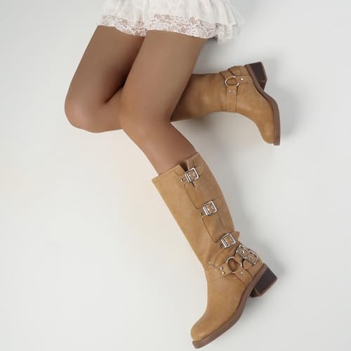Image of AMINUGAL Knee High Boots Women Square Toe Pull On Wide Calf Riding Fashion Buckles Chunky Metallic Casual Vintage Buckle Rivet