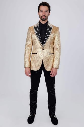 Barabas Men's Shiny Crystals Beads Rhinestone Peak Lapel Blazer 2EBL11 Gold 2XL2