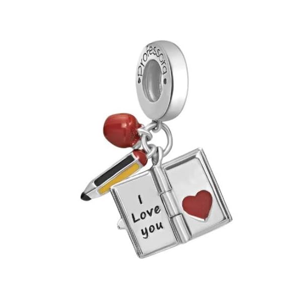 in argento 925 certificato Charm Maestra Ti voglio bene Libro Matita Mela Regalo cuore Professoressa Scuola ciondolo pendente in argento 925 - Les Folies per Pandora