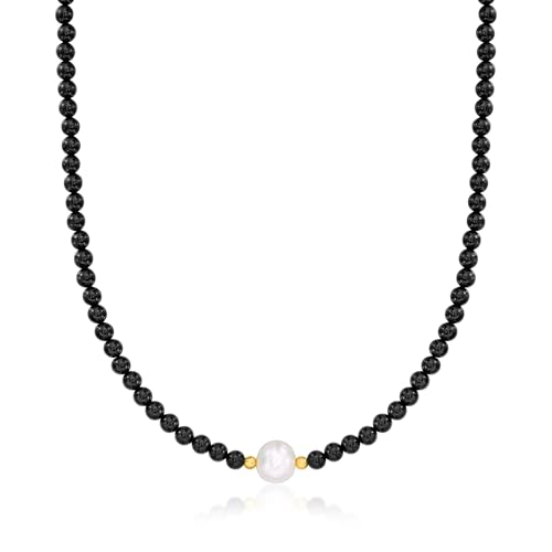 Ross-Simons 8.5-9mm Cultured Pearl and 4-4.5mm Onyx Bead Necklace With 18kt Gold Over Sterling