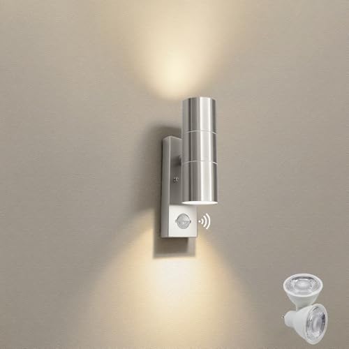 JNR Edelstahl LED Außenlampe mit PIR Bewegungsmelder, IP54 Up Down Wasserdichte Außenleuchte mit Bewegungsmelder 230V, Aussenlampe inkl. 2x5W GU10...