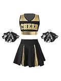 JanJean Kinder Mädchen Cheer Leader Kostüm Cheerleadering Outfit Uniform Karneval Kostüm Top und Rock mit Pompons Schwarz 134-140