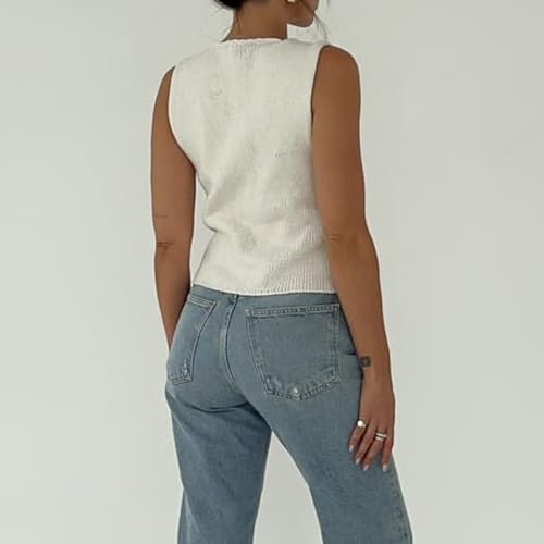 Image of Women Y2K Tie Front Knit Vest Top Sleeveless V Neck Button Down Crochet Tank Top Summer Vintage Top Streetwear (White, S), Small
