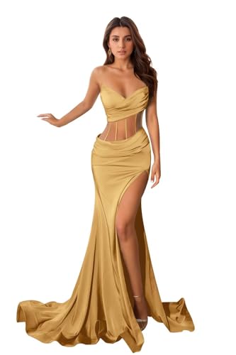 Jamille Strapless Mermaid Prom Dresses 2025 for Women Cutout V Neck Formal Dress Satin Evening Gowns with Slit Train Long