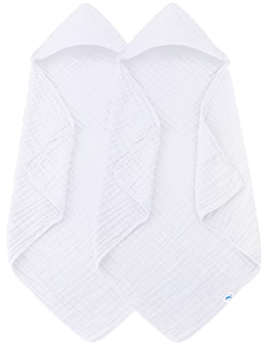 Image of SWEET DOLPHIN Muslin Hooded Baby Bath Towels - 2 Pack 100% Cotton Towel for Babies, Infants, Toddlers - 32x32Inch - Highly Absorbent and Newborn Essential, White