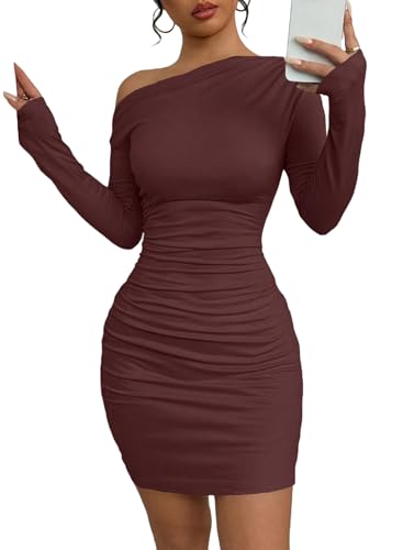 Acelitt Fall Off The Shoulder Dresses for Women 2025 Long Sleeve Ruched Bodycon Cocktail Party Mini Dress Burgundy Medium