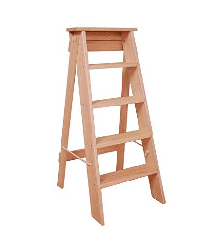 Cxjff Folding Ladder 5 Steps Multi-function Single-sided Ladder Solid Wood, Balcony Garden Flower Stand Load 100kg, Height 91cm A (Color : Wood Color)