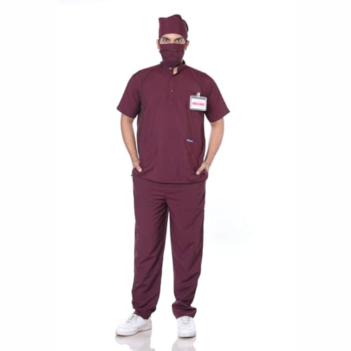 Image of Women 5-Pocket Scrub Suit | Set of Top & Pant | Half Sleeves | Mandarin Collar | Breathable Polyviscose Fabric | Comfortable | Durable | Uniform for Doctors Nurse & Dentist Wine L