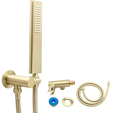 Backnets Solid Brass Handheld Shower Head Arc Design High Pressure Brushed Gold Hand Shower Wand with Adjustable Supply Elbow Wall Connector Shower Holder and 59″ Stainless Steel Hose Set Cover