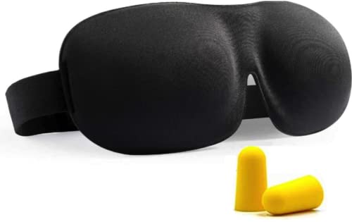 [2022 Versione Nuova] Mascherina per Dormire per Donna e Uomo In Seta Naturale Senza Naso Jimbo, per Occhi, Maschera da Notte 3D Comfort e Blocco Luce con Tappi per le Orecchie(Nero)