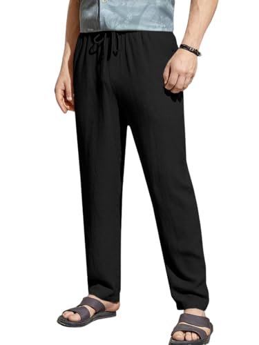 Image of TOPLOT Men's Premium Linen Blend Pants | Lightweight Breathable Fabric | Elastic Waist with Drawstring | Straight Fit | Side Pockets | Perfect for Casual, Holidays & Travel (5268)