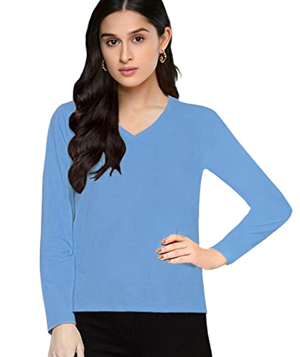 Image of Premium Plain Women V Neck Full Sleeves Cotton Tshirt. Festive,Offer,Discount,Sale,Limited Edition, Trending Tees and Tshirts.