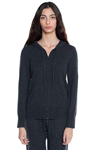 JENNIE LIU Women's 100% Pure Cashmere Long Sleeve Zip Hoodie Cardigan Sweater(L, DarkCharcoal)
