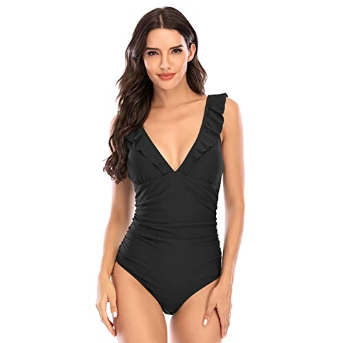 Maillot de bain 1 pièce gainant noir ventre plat à volants décolleté plongeant monokini pour femme