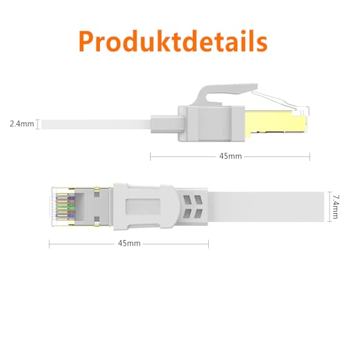 Ercielook CAT8 Ethernet Cable 0,5m - High Speed Shielded Flat Internet Cable, Weatherproof S/FTP UV Resistant for Router/Gaming/Modem