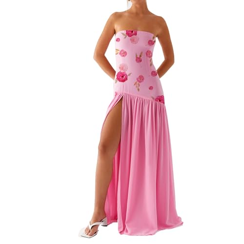 Image of Women Floral Strapless Maxi Dress Y2K Bodycon Tube Long Dresses Sexy Party Formal Cocktail Beach Slit Dress