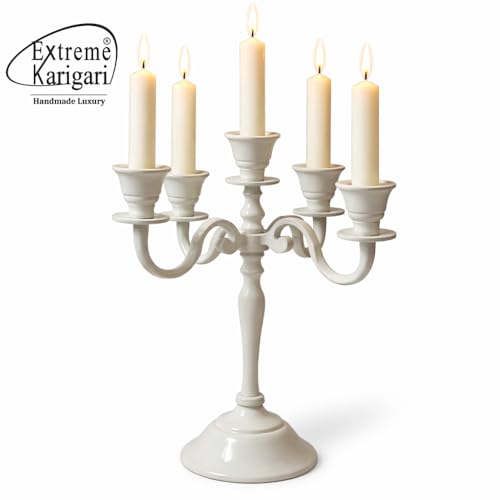 Image of Aluminum 5-Arm 8inch Ivory Candelabra for Dining Table | Vintage Candle Stand for Romantic Dinner, Home & Wedding Decor