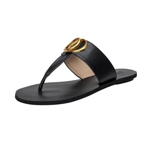 Flip Flops for Women Four Seasons Flat Bottom Leather Flip flops for Women, Classic Clip Metal Buckle Large Beach Shoes2
