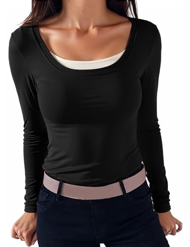 Camiseta Negro Manga Larga Mujer Básica Tops Cuello Cuadrado Camisetas Elegante de Punto Tshirt Ajustado Elástico Contraste Casual Blusa S