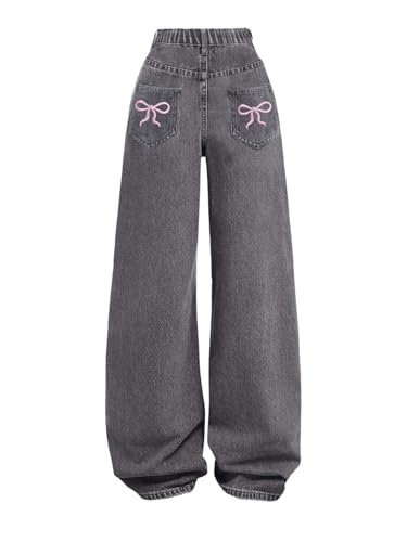 Verdusa Girl's Coquette Bowknot Baggy Jeans Streetwear Wide Leg Denim Pants with Pockets