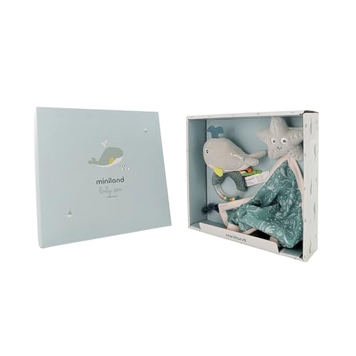Miniland Pack Regalo Bebé Recién Nacido, Set Doudou y Sonajero Sensorial, Juguete de Apego Suave y Seguro 100% Lavable, Ideal Canastilla y Baby Shower, 0 Meses, Verde | Ocean