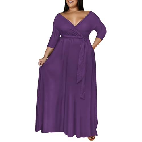 Image of Runwind Plus Size Dresses for Women Floral Maxi Dress Flowy 3 /4 Sleeve with Belt