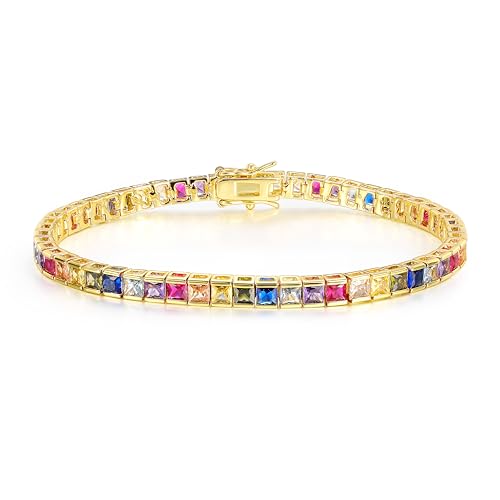 Gemsme 2 * 2/2.5 * 5/3 * 3/3/4/5mm Colored Cubic Zirconia Tennis Bracelet for Women-18K White/Yellow Gold Plated Cubic Zirconia Rainbow Tennis Link Bracelet 6-8.5 Inches