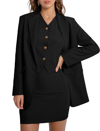 Women's 3 Piece Skirt Sets Business Casual Short Skort Blazer Suit Long Sleeve Jacket Vest Matching Outfits