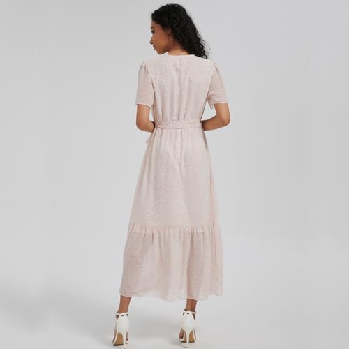 Image of Women's Summer Bohemian Floral Chiffon Dress Cap Sleeve V Neck Ruffle Long Flowy Boho Casual Vacation Dresses