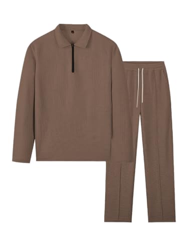 Image of Jawdrobe Men's Waffle-Check Co-Ord Set | Self-Textured Collar Top | Drawstring Jogger Pants | Cotton-Blend Loungewear /Night-Suit | Casual Travel & Streetwear Two-Piece