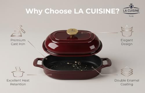 Image of La Cuisine Enameled Cast Iron Bread Loaf Dutch Oven Oblong for Sourdough Crusty Bread & High‑Heat Baking. Oven-Safe 550F /287C Matte Black Enamel Interior, 5.5 QT, Cranberry