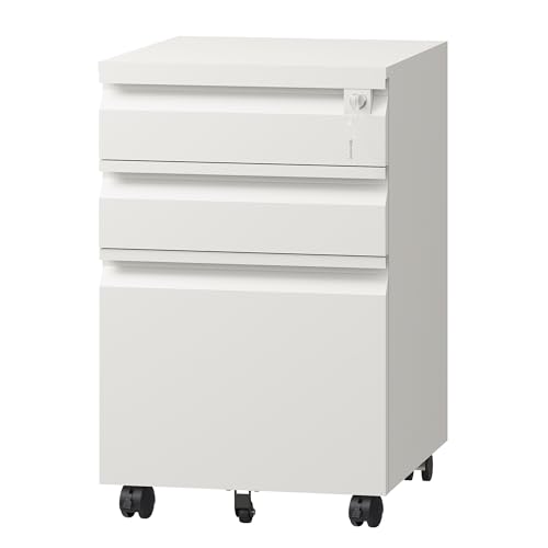 Image of DEVAISE 3-Drawer File Cabinet with Lock & Wheels, White Metal Filing Cabinet for Home Office, Under Desk Storage, Mobile Vertical Organizer Fits Letter/A4, Requires Installation (17" D x15 W x24 H)