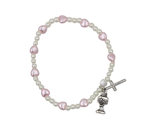 Girl's First Communion Stretch Rosary Bracelet with Heart Shaped Beads with Crucifix and Chalice Charm